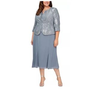 Alex Evenings Silver and Blue Midi Dress
